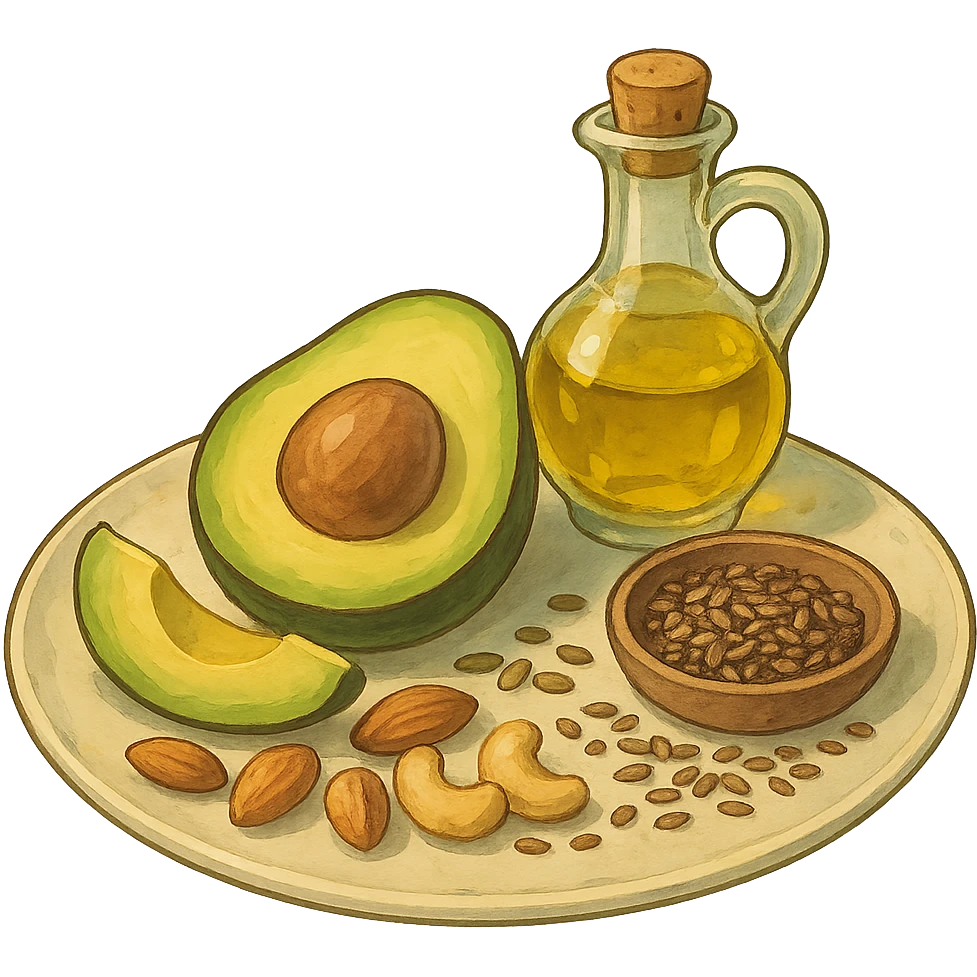 plate with avocado, nuts, olive oil, and seeds in ghibli style emoji