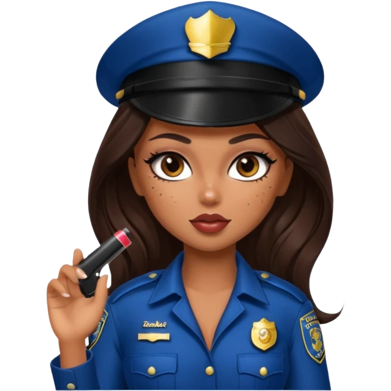 A sexy bratz girl. with caramel skin. Dark brown hair and brown eyes. She has freckles. Wearing sexy makeup. Dressed as a sexy cop. wearing lingerie. black heels on emoji
