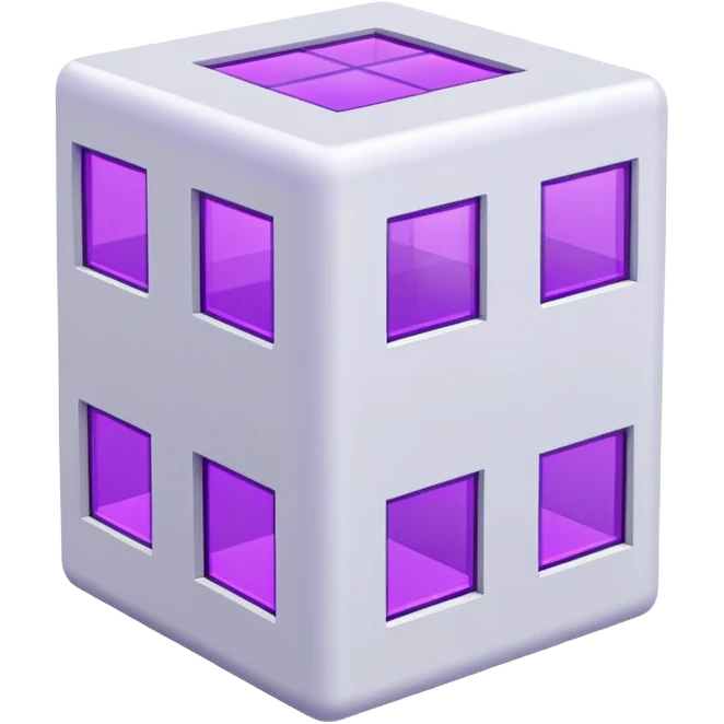 Сделай русскую панельку белого цвета. Она должна быть в виде куба, а также с окнами 3 на 3 на каждом фасаде. Некоторые окна неоново-фиолетовые. emoji