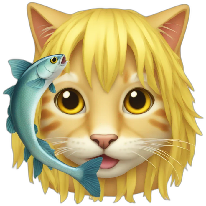Cat with long yellow hair eating fish emoji