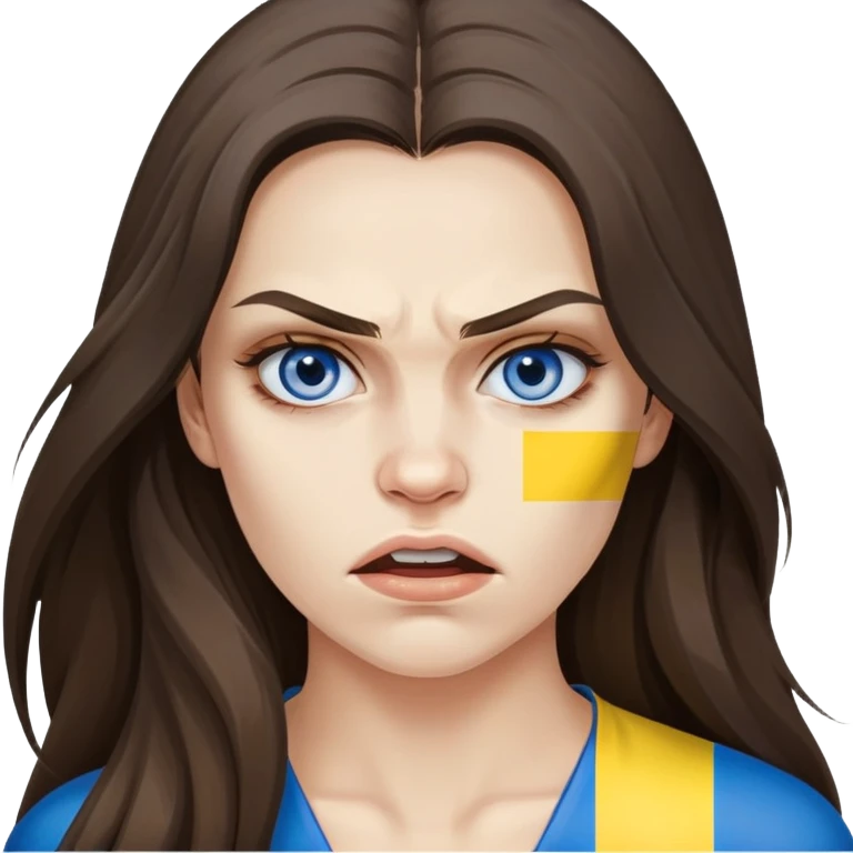 Brunette woman with long hair, Ukrainian flag (blue and yellow) painted on her cheek, angry expression emoji