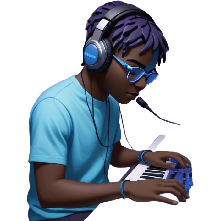 Create a professional and artistic emoji that represents sound design. The design should feature essential sound design equipment, including a high-end Korg synthesizer, a sound mixing console with visible wires, large studio speakers, and a microphone. Surround the equipment with flowing, abstract sound waves and musical notes to symbolize the fluid, creative nature of sound design. Add subtle effects like glowing sound frequencies or swirling patterns to represent the dynamic manipulation of sound. Use sleek, modern colors like black, silver, neon blue, and purple to evoke a sense of innovation and artistic exploration. The background should be transparent. emoji