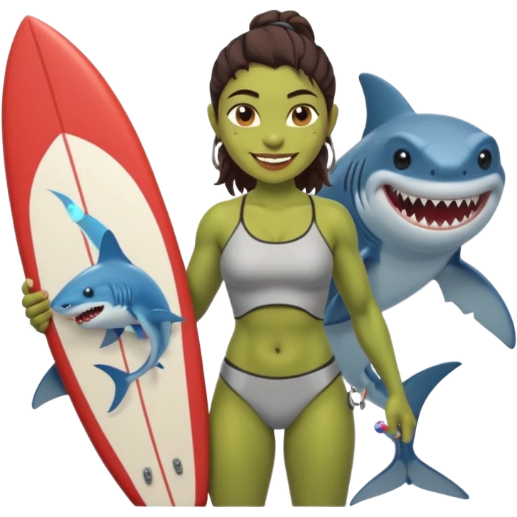 orc female holds a little surfboard with a shark painted vertically in his hands emoji