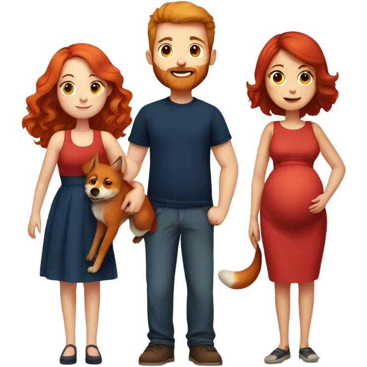 Girl with red hair wearing red dress, holding tummy pregnant, with a boy who is tall, navy shirt with short beard, holding a fox looking dog emoji