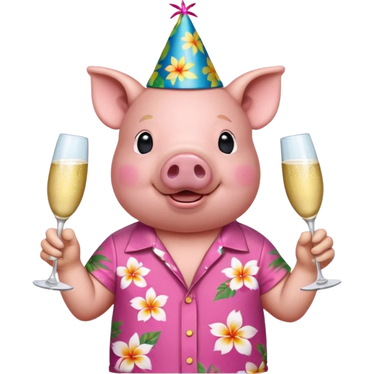 Pig with aloha shirt, birthday hat, champagne glass emoji