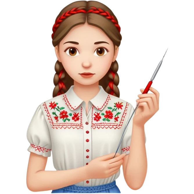 A young Ukrainian girl in a white embroidered shirt holds a red thread and a needle in her hand emoji