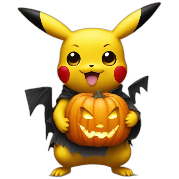 Pikachu holding a Halloween chumpkin emoji