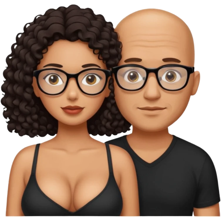 A picture of a sexy tanned couple. the man is Mexican, with a bald hair cut and a black shirt. the woman is mixed, she has curly longer dark brown hair,  she has glasses only, and with big boobs and no shirt or bra. emoji