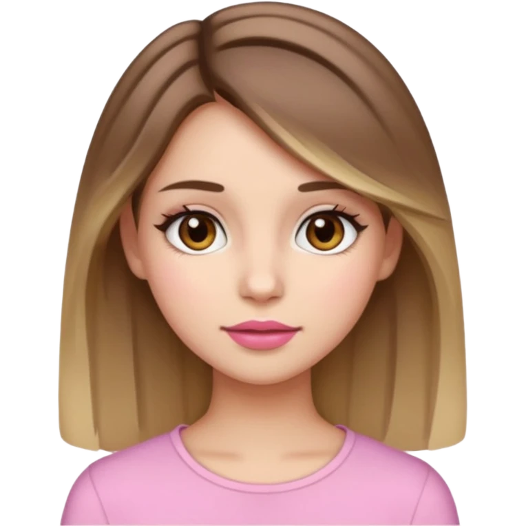 A girl with fair skin, wide brown eyes, medium-length brown hair with blonde highlights, light blush on the cheeks, and pink lipstick, in emoji/cartoon style emoji