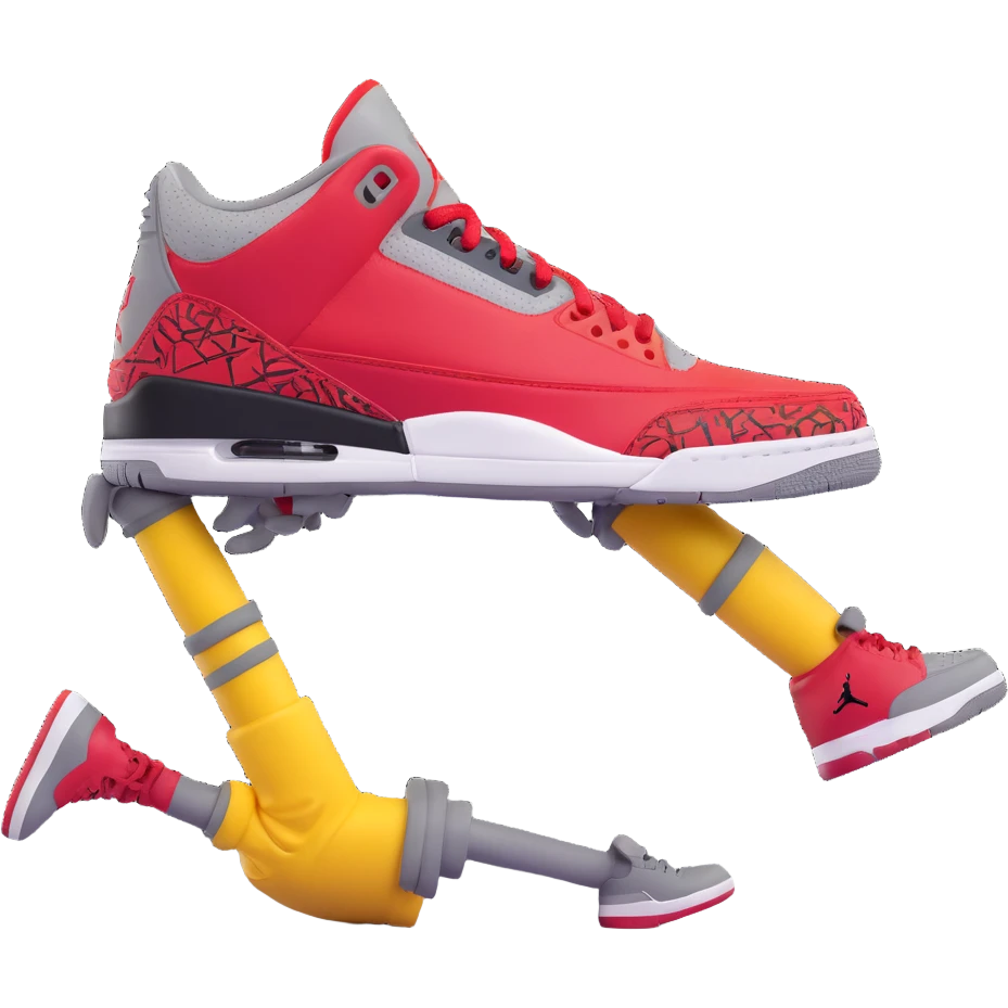 Transform the red Air Jordan 3 shoe into a 3D emoji character similar to the green one. Add yellow cartoon arms and legs in a playful pose. Keep the 'We The Best' tag visible and maintain the red, black, and cement grey colors. emoji