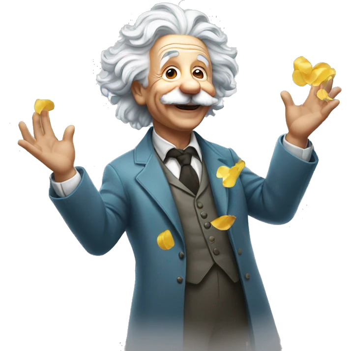 happy albert einstein holding confetti in one hand emoji