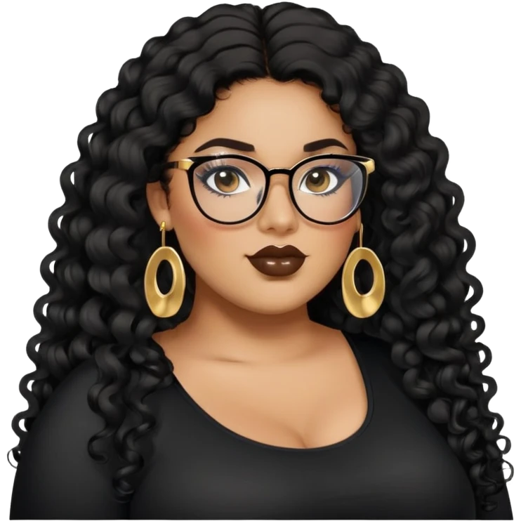 big plus size, latina, darker tan skin, long black curly hair, baddie,pretty, makeup, lipgloss, black eyeliner, long hair, small gold earrings, black top, black glasses emoji
