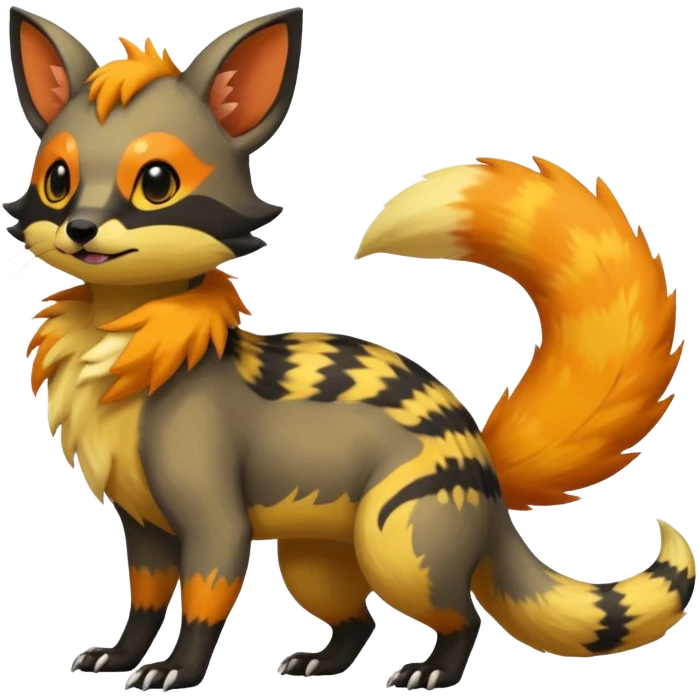 Rare warm-colored exotic cute epic aesthetic colorful Salandit-Eevee-Civet-species-Fakemon-hybrid-creature, with wild markings, full body emoji