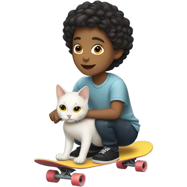 White and Asian boy with middle part on a skateboard with a cat emoji