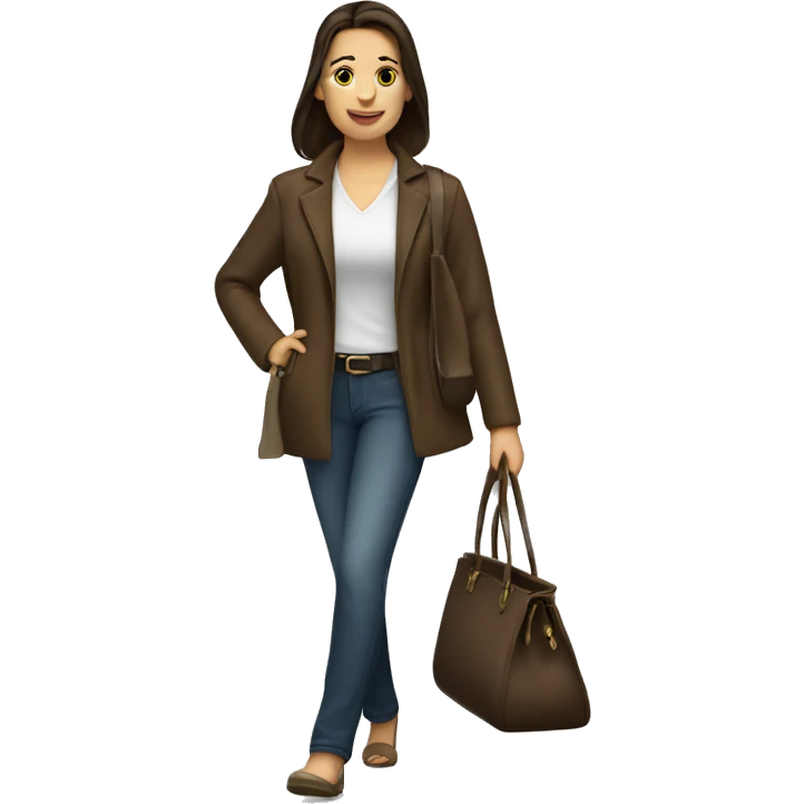 brunette caucasian woman dressed nice walking with a purse emoji