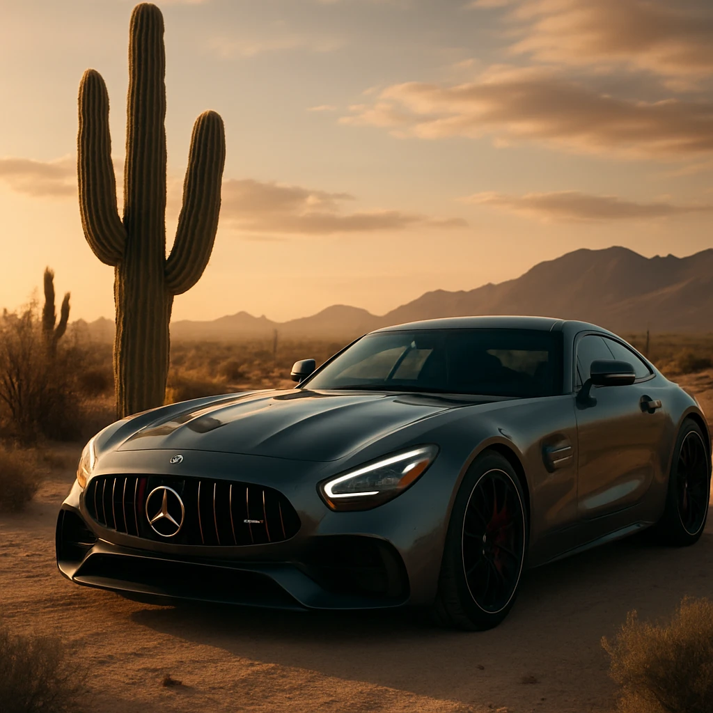 mercedes amg on desert next to cactus faun, cinematic emoji