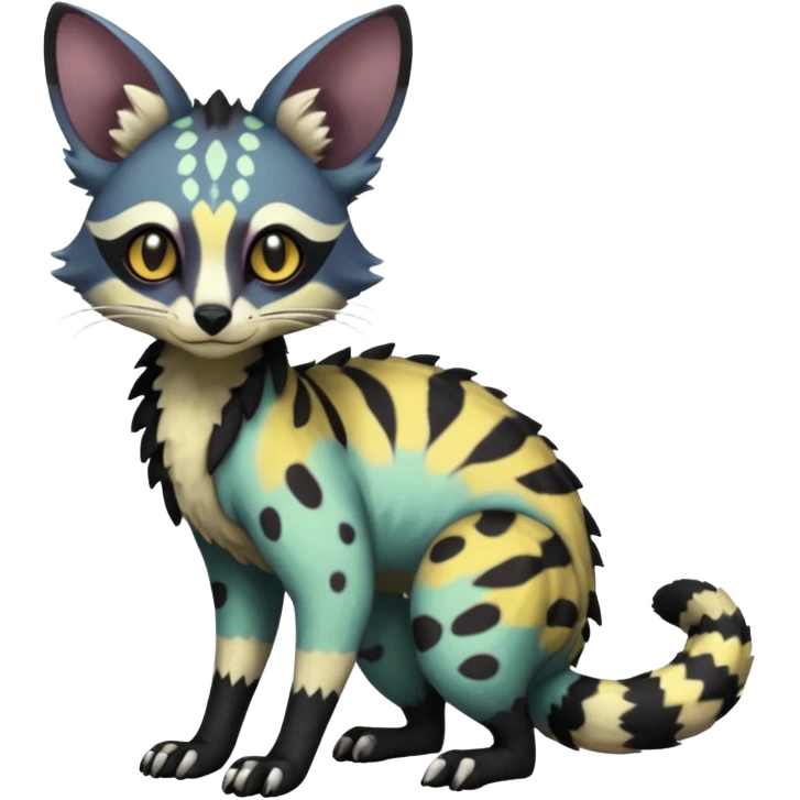 Rare warm-colored lush exotic edgy epic aesthetic gloomy spooky dark modern colorful cyber-Genet-Trico-species-Fakemon-hybrid-creature, with beautiful intricate markings, full body emoji