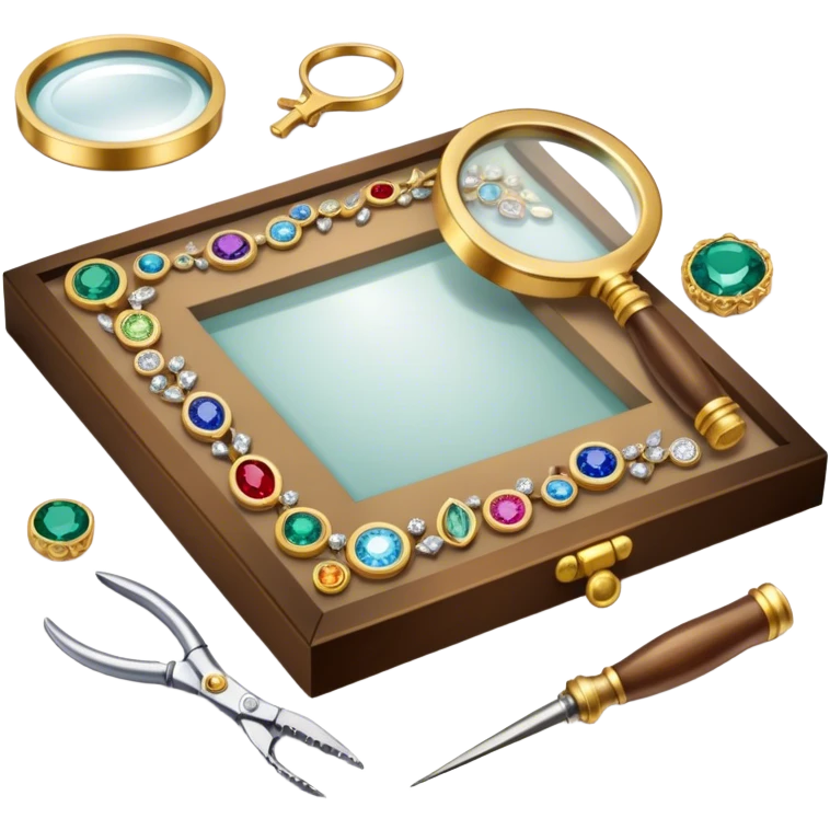 Create an icon that represents the art of jewelry making. The design should include a jeweler's workbench, tools like pliers, a magnifying glass, and various precious materials such as gemstones, gold, and silver. Feature a partially crafted piece of jewelry, like a ring or necklace, showcasing intricate details and craftsmanship. The composition should evoke elegance and precision, reflecting the skill and artistry of jewelry making. The background should be transparent. emoji