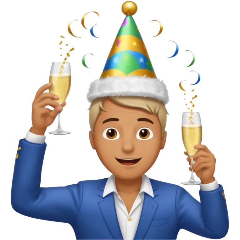 An energetic man throws his head back, drinking champagne loudly as the New Year begins. emoji