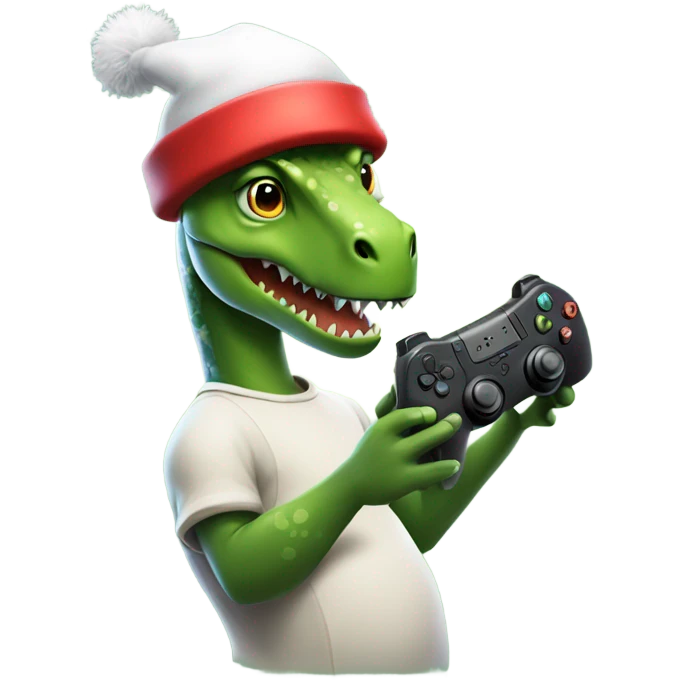 Dinosaur playing Fortnite with a Santa hat ￼ emoji