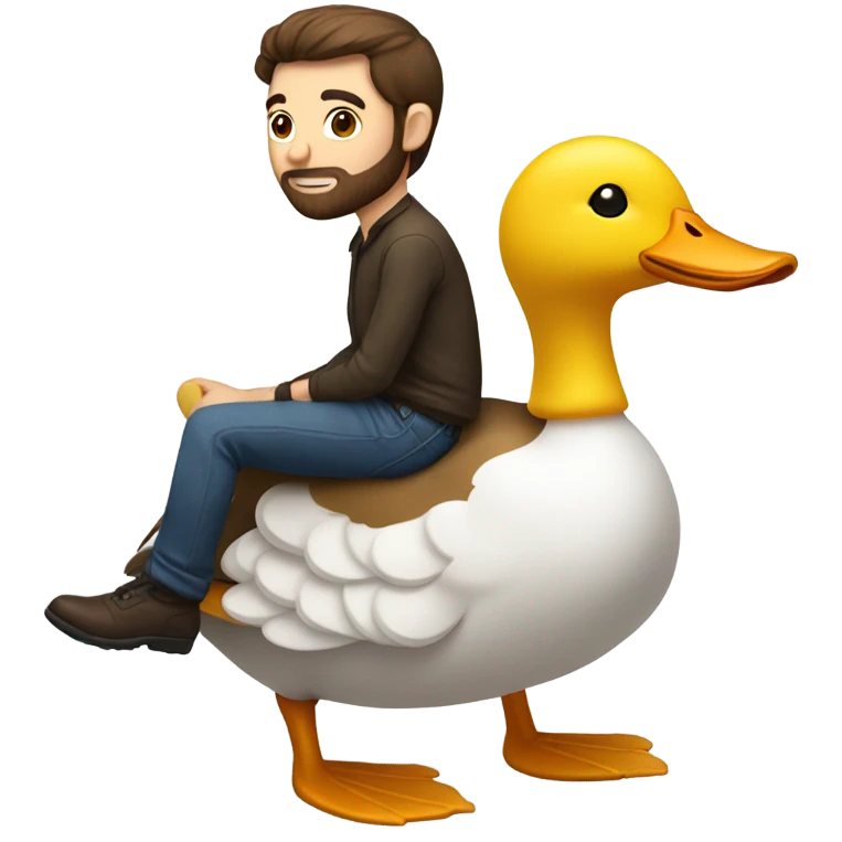 White Man with dark brown hair and a short beard riding on the back of a giant duck emoji