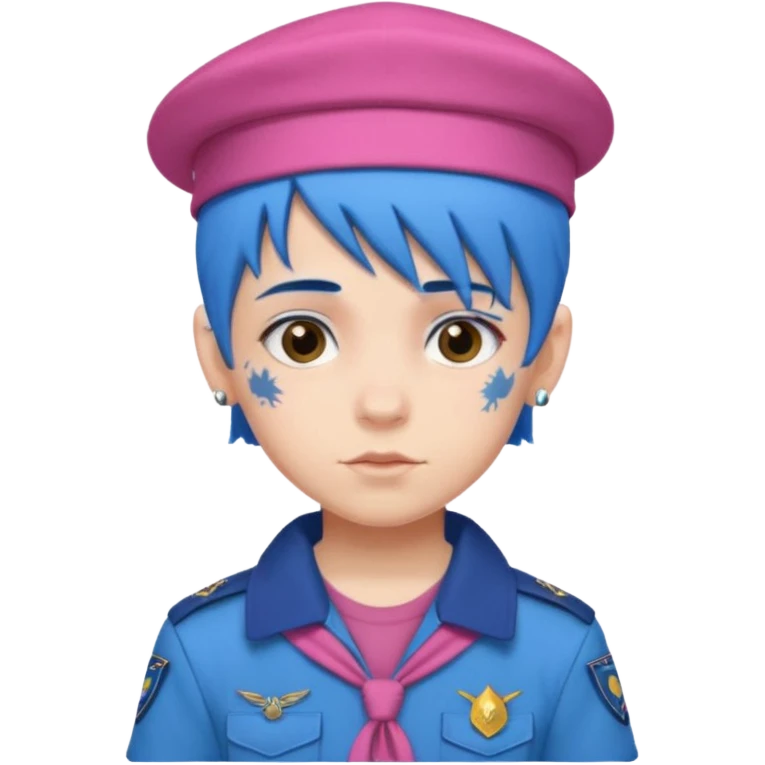 scout boy with very pink scout uniform, blue haired and hat, tattoed emoji