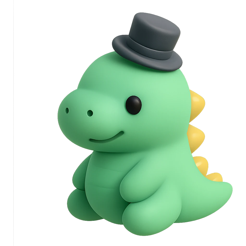 A cute little green dinosaur wearing a small top hat emoji