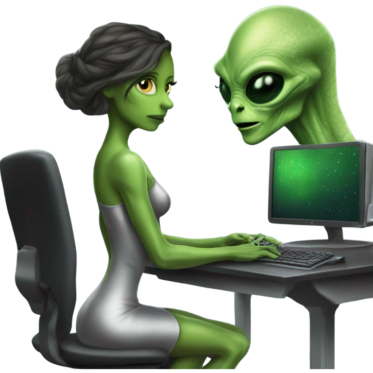 Green Alien reptilian woman in silver dress, full figure, working at computer  emoji