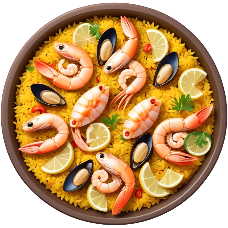cinematic-realistic-paella-dish-emoji,-depicted-as-a-vibrant,-aromatic-rice-dish-loaded-with-seafood,-chicken,-and-saffron-rendered-with-rich-textures-and-dynamic,-warm-lighting with a lemon slice in the middle emoji
