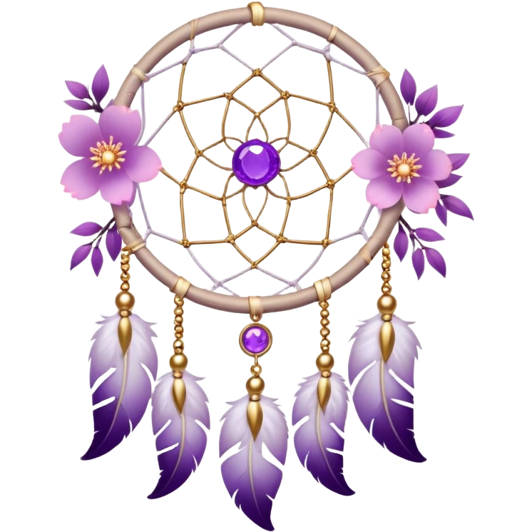 A white Dreamcatcher with purple-round-orb-stones, gold-ring-accents, purple tint flowers, pink sakura flowers, emoji