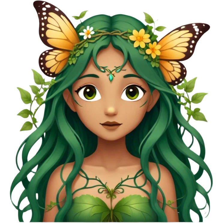 Cinematic Realistic Forest Nymph Fairy portrait, with butterfly wings and depicted with lifelike, sun-kissed tanned skin that radiates an earthy glow, softly illuminated by natural, dappled light. Her long, flowing dark green hair is intricately detailed and interwoven with delicate vines and wildflowers, while her deep, soulful eyes mirror the wisdom of the forest. Dressed in an attire inspired by nature’s palette—with subtle botanical motifs—the portrait exudes a soft, enchanted glow that melds realism with woodland magic. emoji