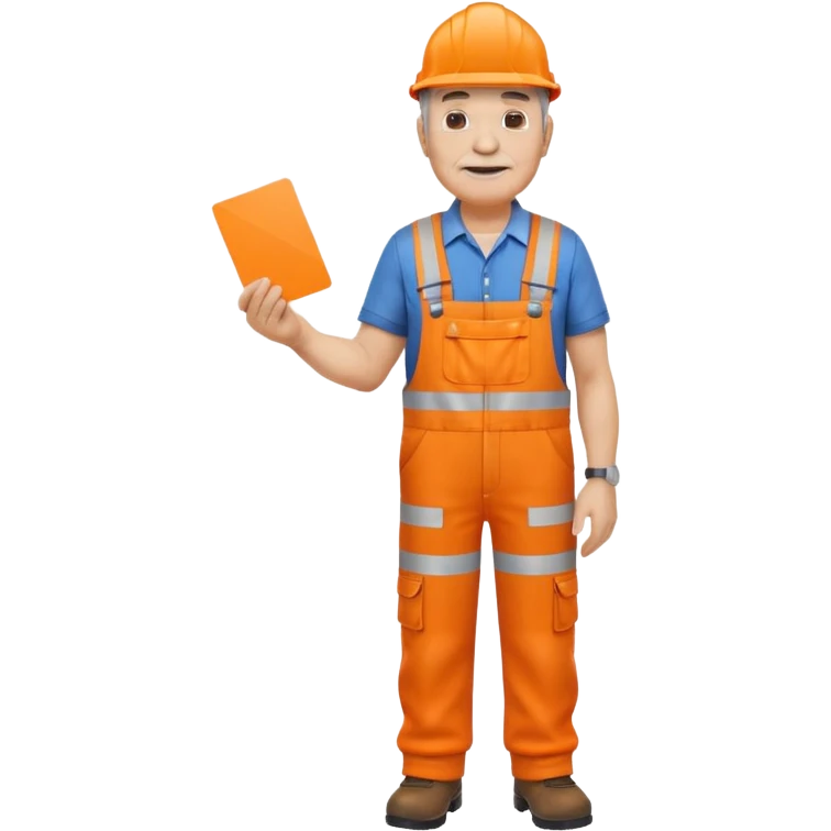 older engineer hi-vis orange overalls standing full body holding a card emoji