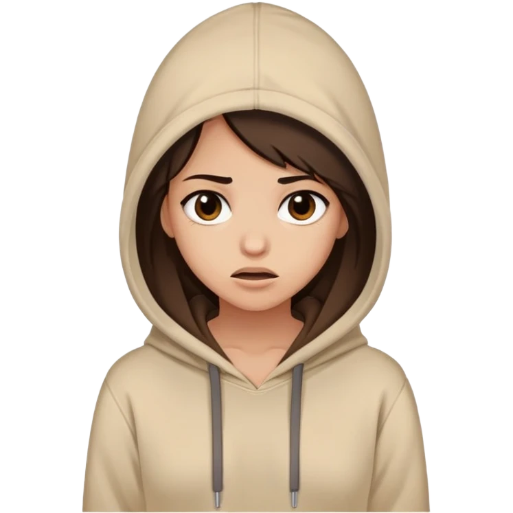 A girl in a beige hoodie with dark brown hair with a facial expression "what the fuck?" emoji