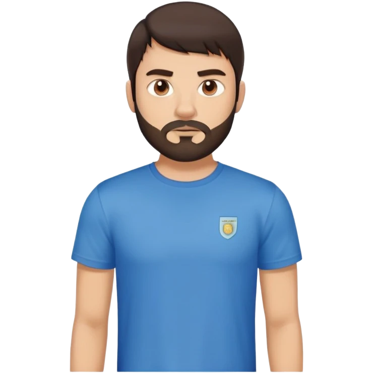 Argentine male with straight dark brown hair and bangs, short complete beard, serious neutral face, wearing plain blue t-shirt emoji