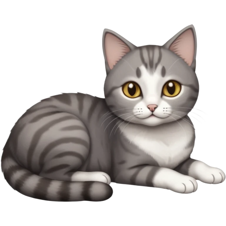 full body tiny short hair dark grey and white cat with hazel eyes lying down emoji