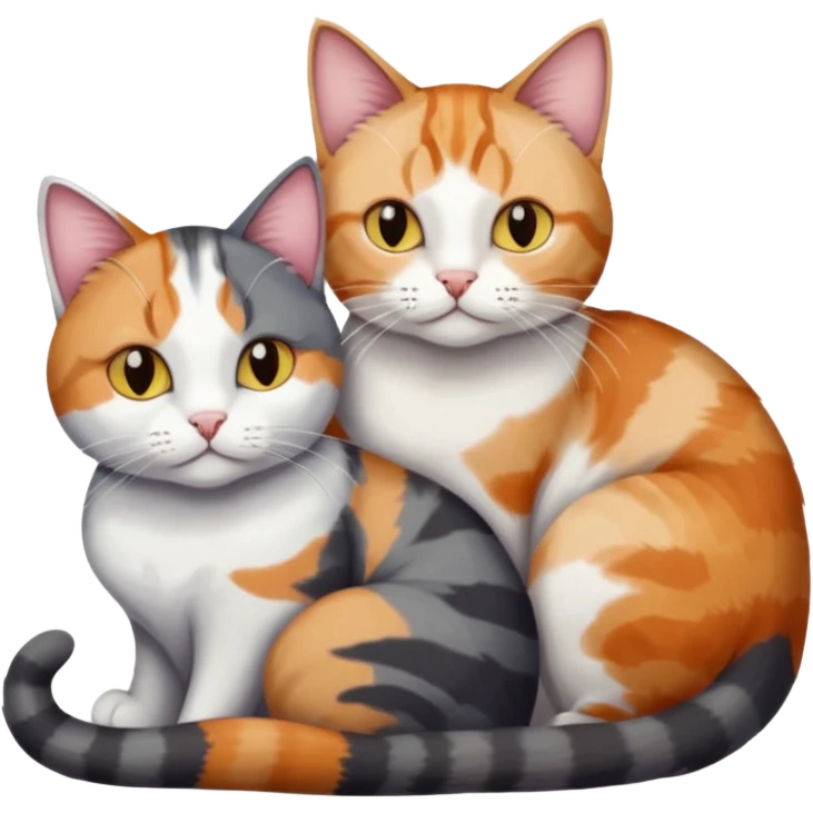 two cats in love, a colourful light patched calico + white tabby cat cuddling a bigger cat that is dark grey and white tabby cat emoji