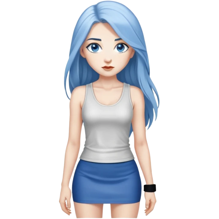 hyperrealist caucasian, long blue hair, blue eyes, woman, white decollette tank top, gray tight mini skirt, black high heels, frontal view emoji