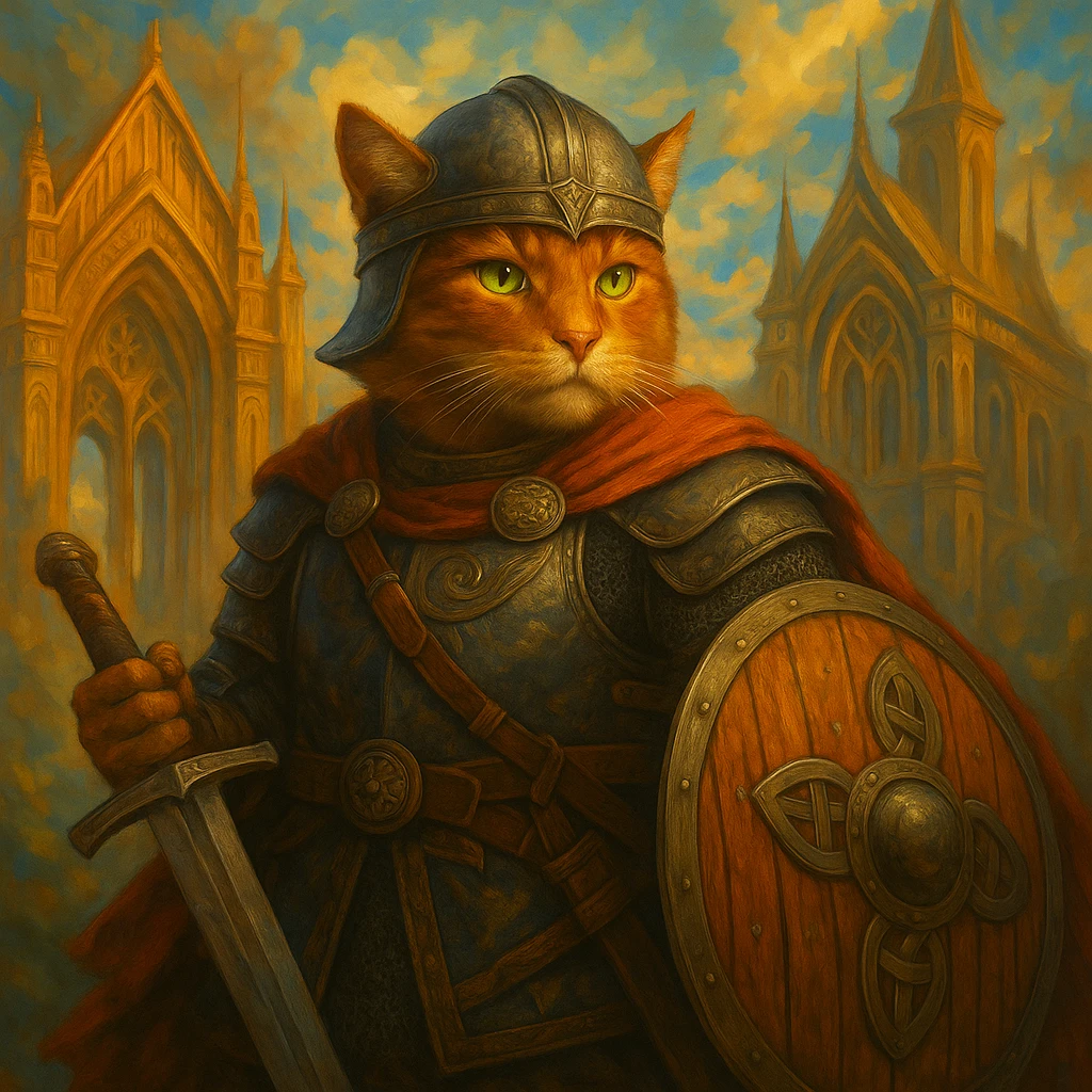 Remove the horns from the Viking helmet on the ginger cat while keeping the Valhalla background intact. Maintain the epic and heroic style of the image. emoji