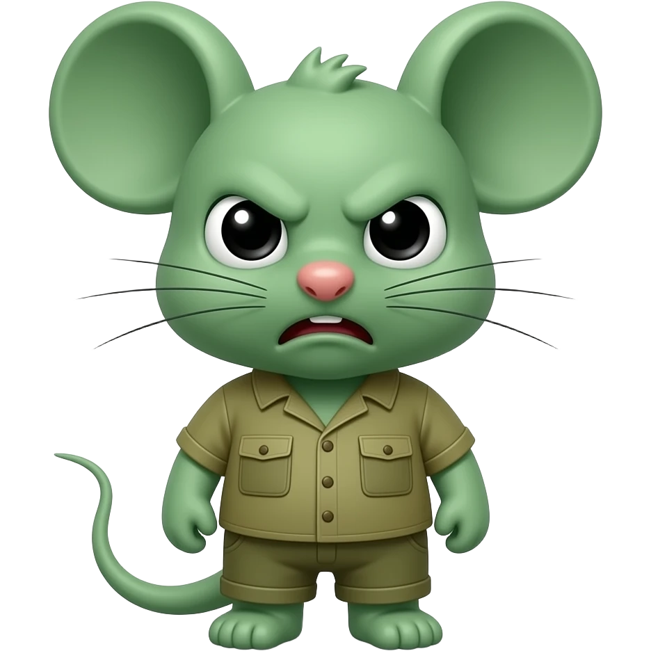 A little green mouse shaped like a little human, dressed all in khaki green, looking at us with a disgusted expression for food. emoji