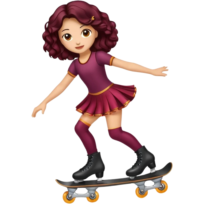 Una patinadora de 12 años y es morena de pelo y lleva un mallott granate con brillos y esta patinando con patines de ruedas en linea y su piel es clara y el pelo es largo negro ondulado e mallot tiene falda emoji