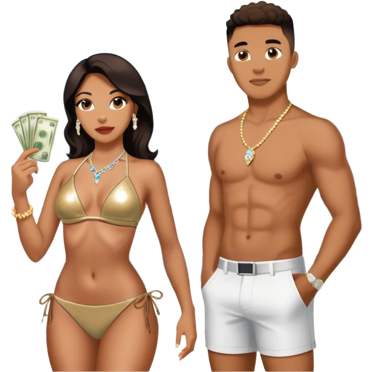 tefi valenzuela wearing diamond sparkle un top bikini and josh king madrid standing on private plane throwing money at her emoji