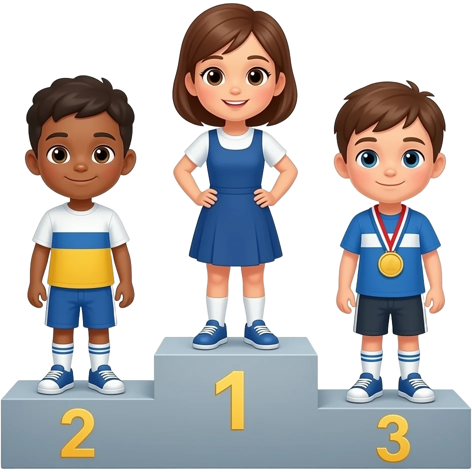 2ta o'g'il bolani 1o'ringa, 2nafar qiz va 1 naar bolani 2-o'rin, 1nafar bolani 3-o'ringa qoyib ber bo'ynida medallari bilan emoji