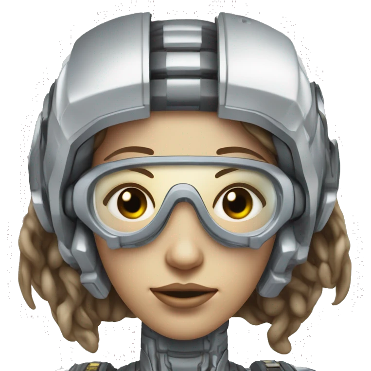 female cyborg head, fair skin, Brown long hair with blonde steaks, space age goggles and circuits emoji