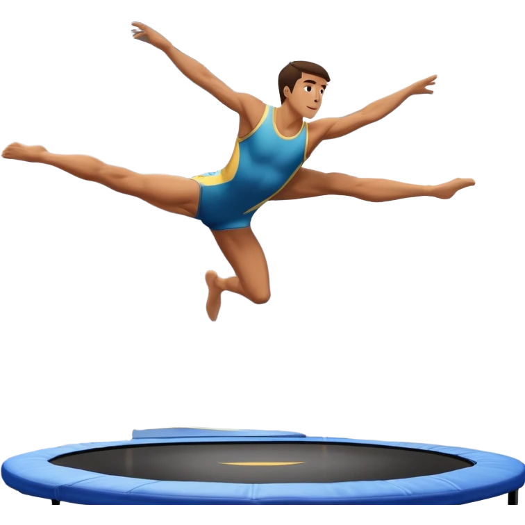 An athletic person soaring high above a trampoline, executing an acrobatic flip with perfect form. The scene captures motion and energy, with a dynamic pose, stretched limbs, and a focused expression. The background suggests a professional trampoline arena with safety padding. emoji