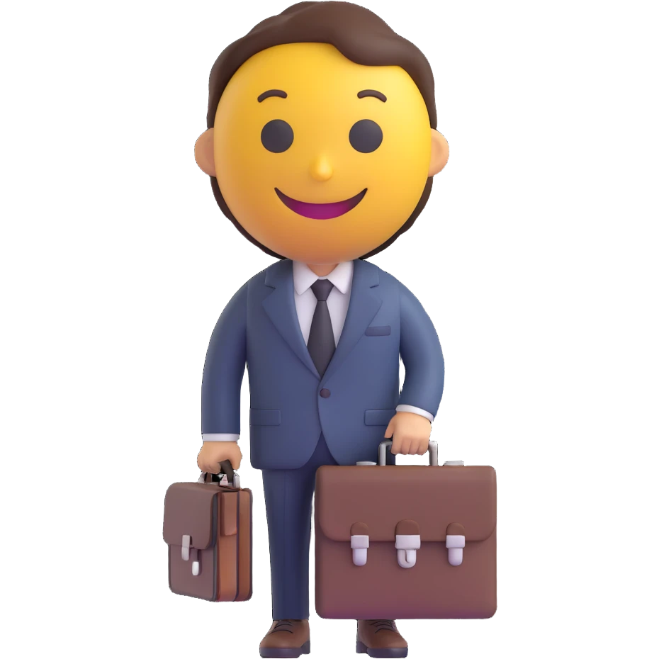 Create a 3D smiley emoji with a round shape, representing a lawyer. The emoji should wear a suit and carry a briefcase, have brown or black hair, and a smiling face. Use a transparent background. emoji