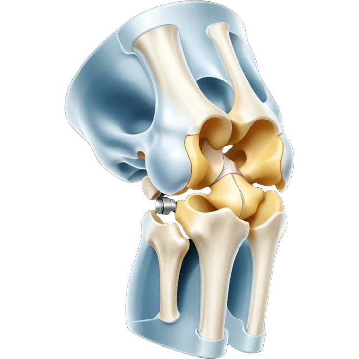 3D render of Metal Plate in Knee, X-Ray imaging aesthetic, translucent materials showing internal structure, white leg bones with bright opaque white metal screws, medical scan style, emoji style, isolated on white background --v 6.0. emoji