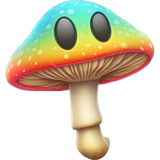 a multicolored, psychodelic alien-mushroom hybrid with a happy, dopey grin sticking its tongue out with a stamp on its tongue emoji