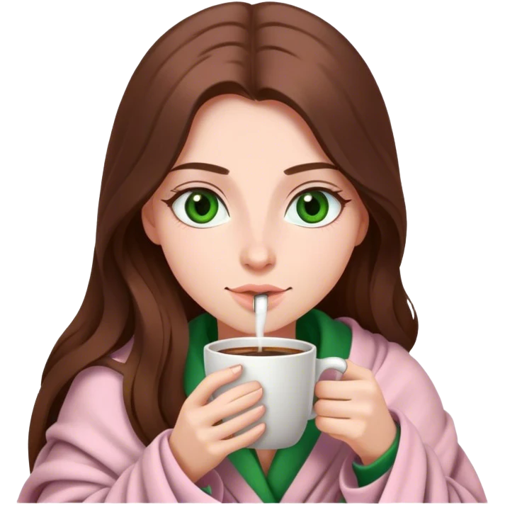 woman with very long brown hair and green eyes in a light pink blanket sipping coffee emoji
