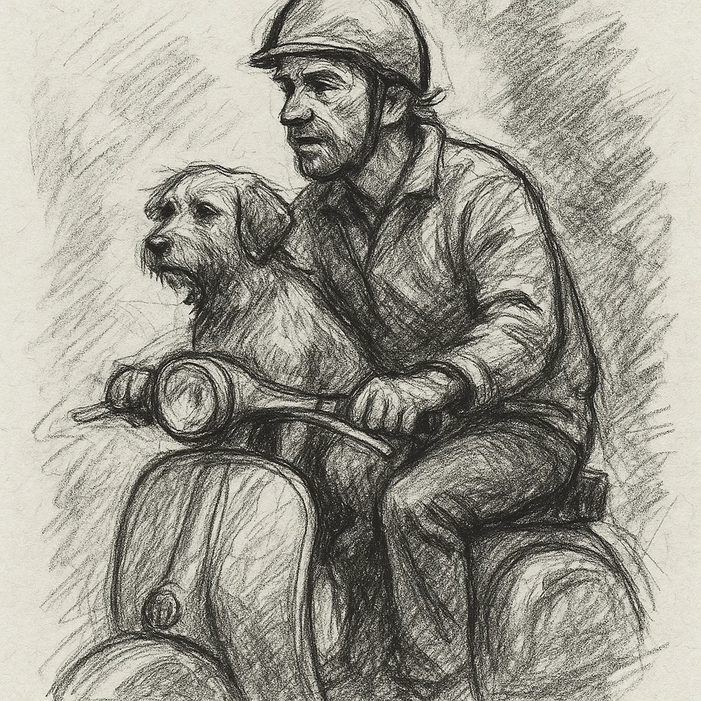 man and his pet dog riding a vespa emoji