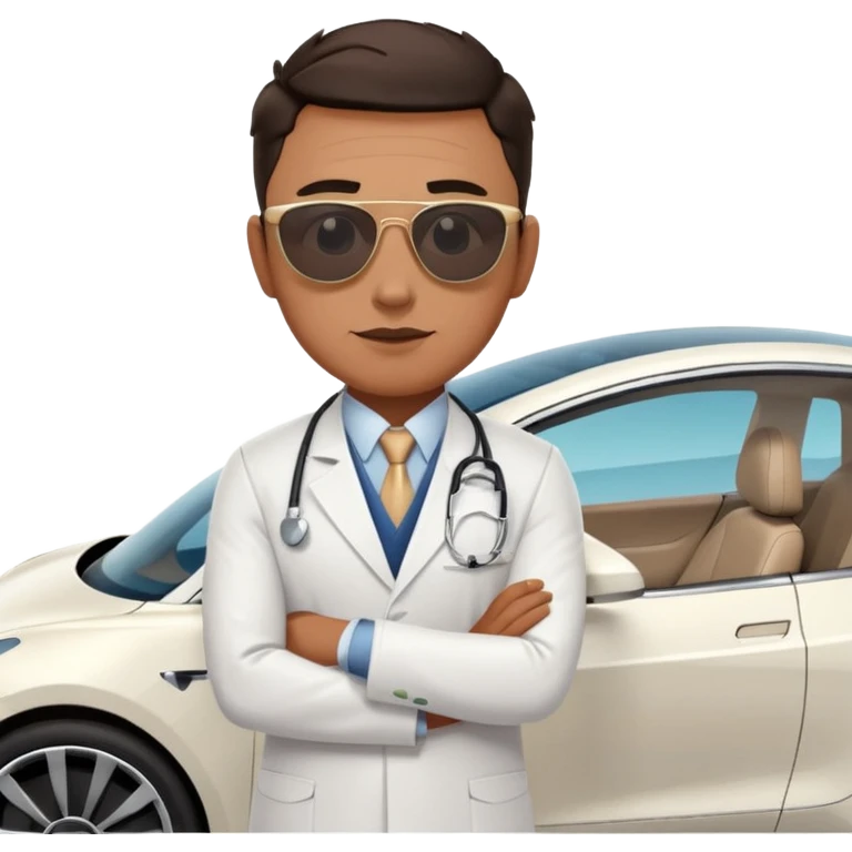 White tesla model 3 with a cool physician with sunglasses next to it emoji